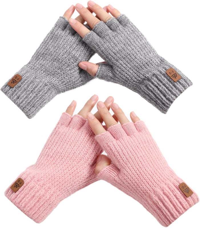 Fingerless Gloves for Women Men - 2 Pairs Womens Winter Glove, Warm Knit Gloves