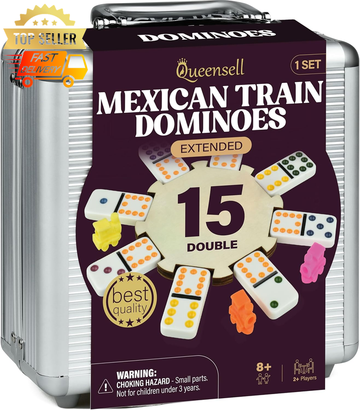 Mexican Train Dominoes Double 15, 136 Tiles, 9 Trains, Wood Case