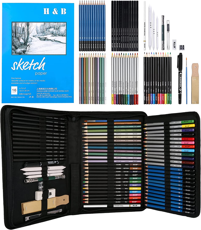 H & B 72PCS Drawing Supplies Sketching Set,Art Kit Include D