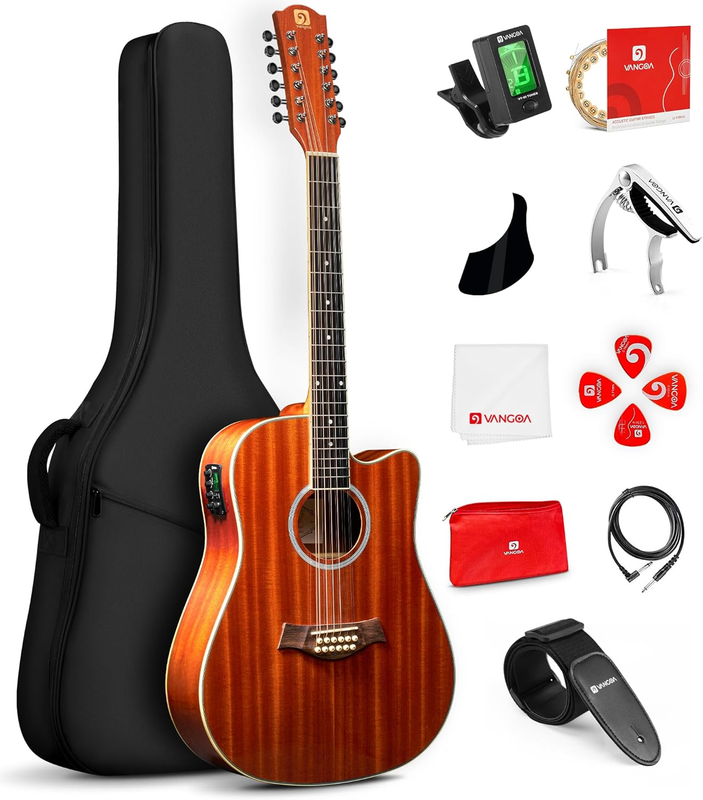 12 String Guitar Acoustic Electric, Upgraded Guitar 12 Strings Bundle for Beginner Intermediate Adults Teens, Guitarra De 12 Cuerdas, Sapele Body Bone Nut, Brown Glossy