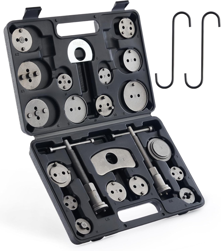 Brake Caliper Wind Back Tool Kit, 24Pc Brake Caliper Compression Tool Set with Thrust Bolt Assemblies Retaining Plates Caliper Hangers 18 Disc Adapters, Caliper Tool with Case, Black