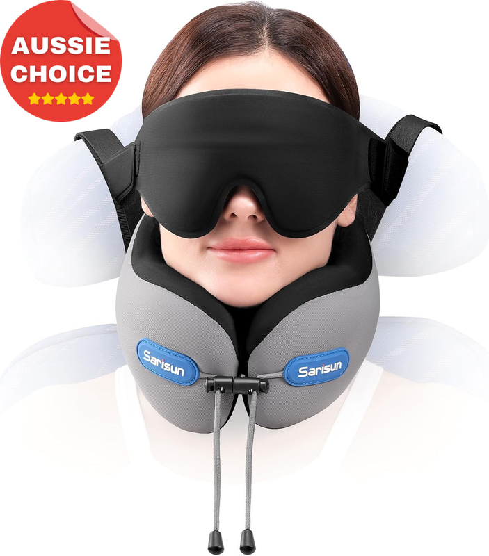 Travel Neck Pillow Set 3D Eye Mask Seat Strap Airplane Comfort Travel Gear