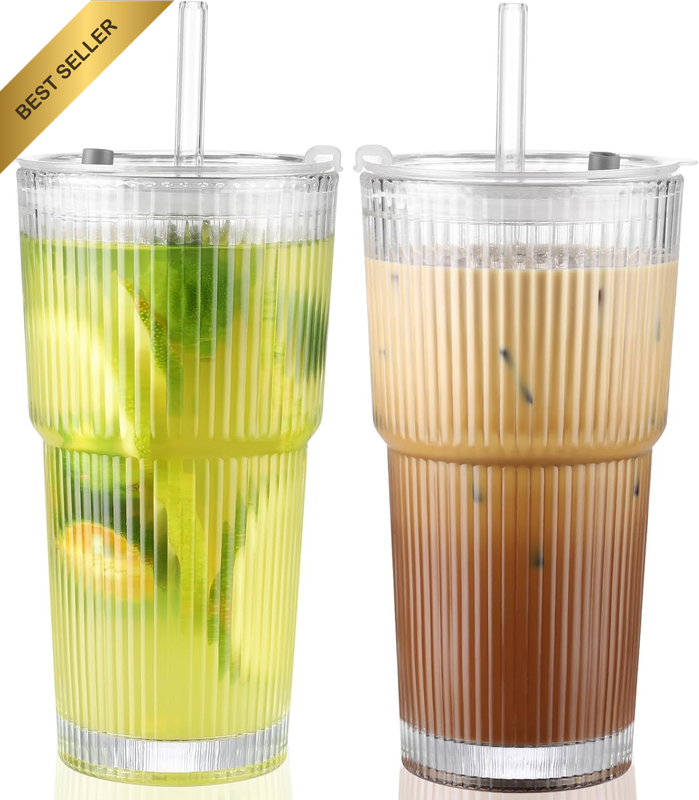 20Oz Glass Tumblers with Lids and Straws, Set of 2 - Stylish Ribbed Design Drink