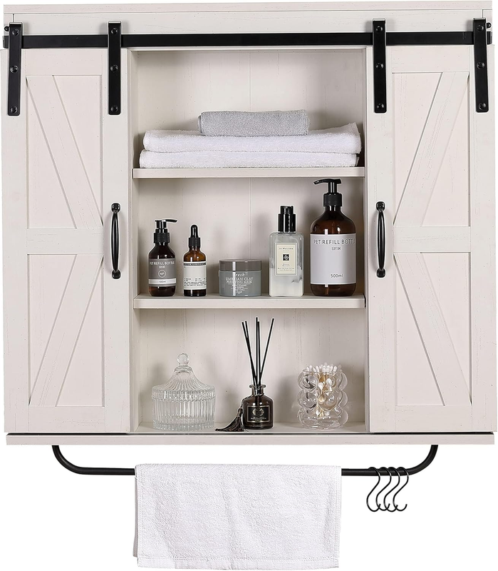 Rustic Wood Wall Storage Cabinet with Two Sliding Barn Door, 3-Tier Decorative Farmhouse Vintage Cabinet for Kitchen Dining, Bathroom, Living Room, Vintage White