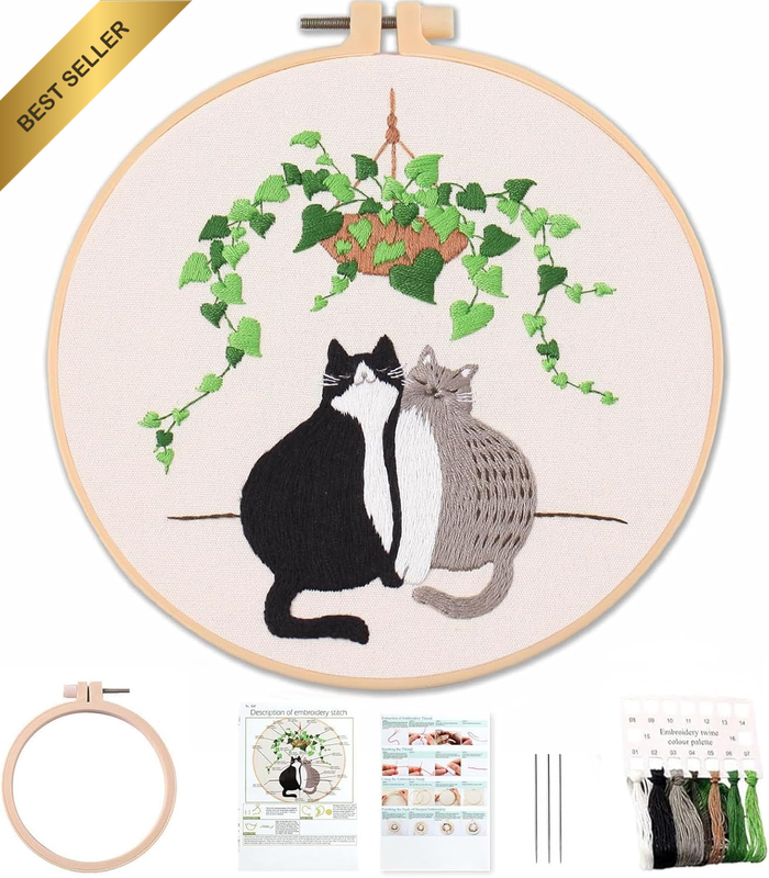 Embroidery Kit for Beginners, Cat Embroidery Kit with Floral Pattern Cross-Stitc