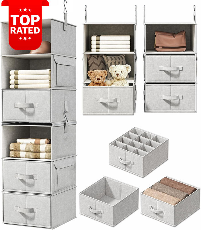 6-Shelf Hanging Closet Organizer Wardrobe Storage Solution with 3 Drawers