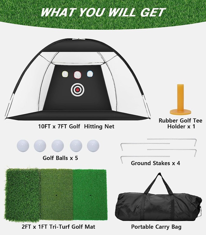 Golf Net Practice with Tri-Turf Mat All in 1 Home Hitting Aid Nets for Backyard