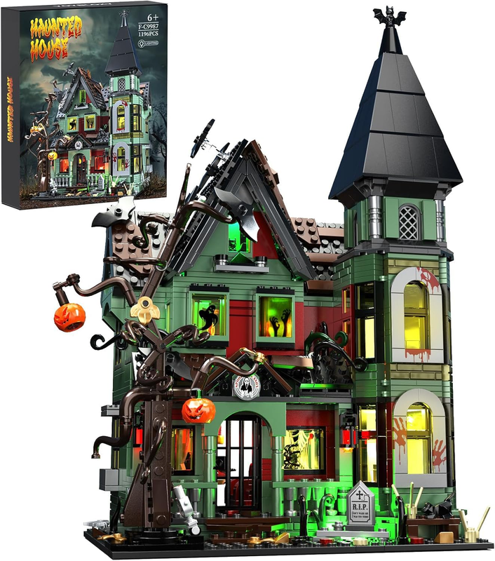 Haunted House Building Set with Lights, Halloween Mansion Building Toy for Adults, Gift for Christmas, Horror Village Town Architecture Include Pumpkin Skeleton Spooky Bat Cat, F-C9987
