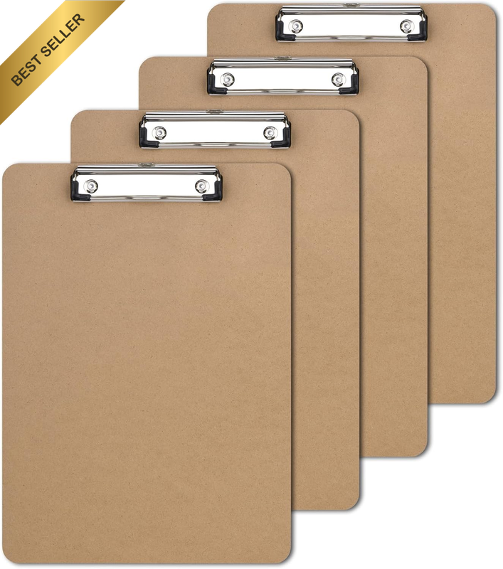 A4 Clipboard, 4 Pack Hardboard Clipboards with Low Profile Clip, Wooden Clipboar