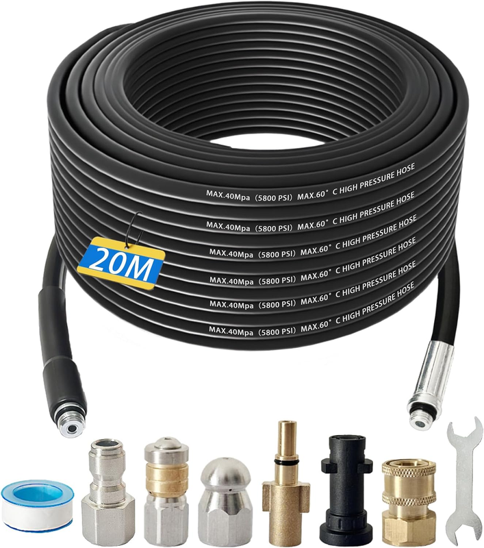 20M Kink Resistant Pressure Washer Drain Pipe Hose Cleaning Kit with 2 Types Jet