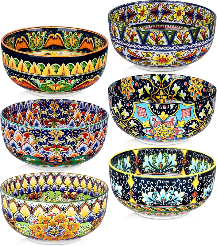 Ceramic Cereal Bowls Set of 6, 28 Oz Bohemian Soup Bowl
