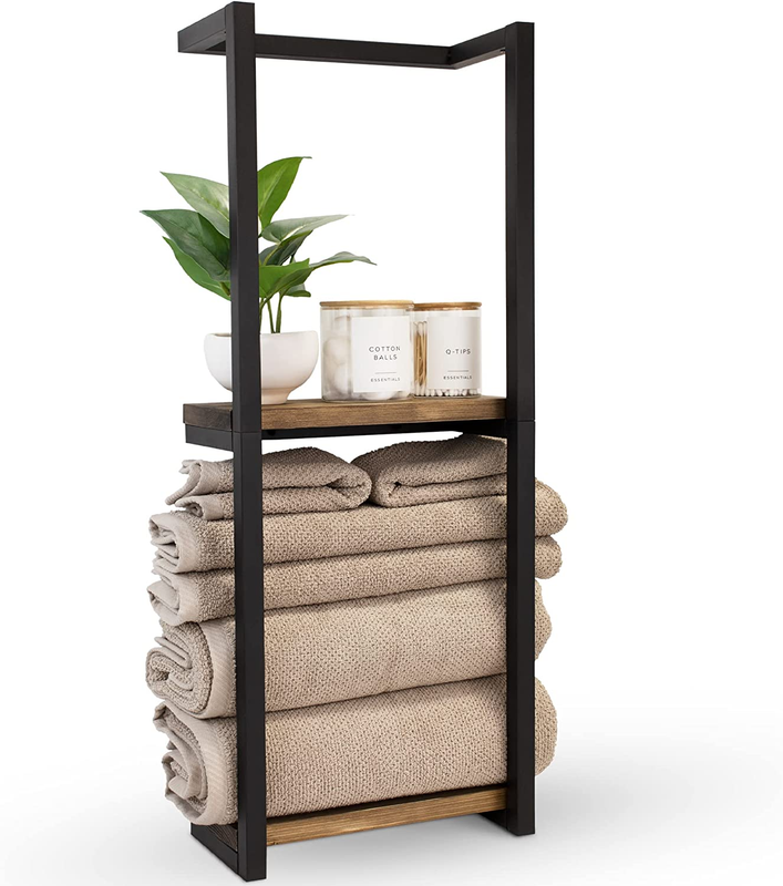Stylish Bathroom Towel Storage Rack with Wooden Shelves &ndash; Modern & Space Saving