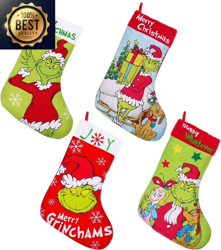 4 Pack 18 Inch Large Grinchs Stockings Christmas Grinchs Christmas Stocking, Whoville Decorations for Family Holiday Party Decor