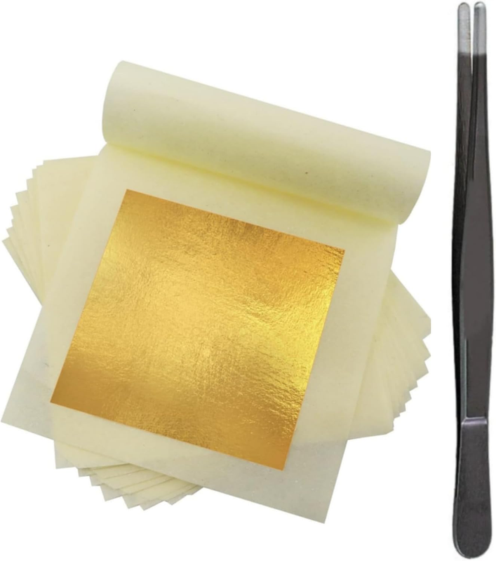 100 Sheets Gold Flakes with A Pair of Tweezers, Premium 24K Large Gold Leaf 5.31