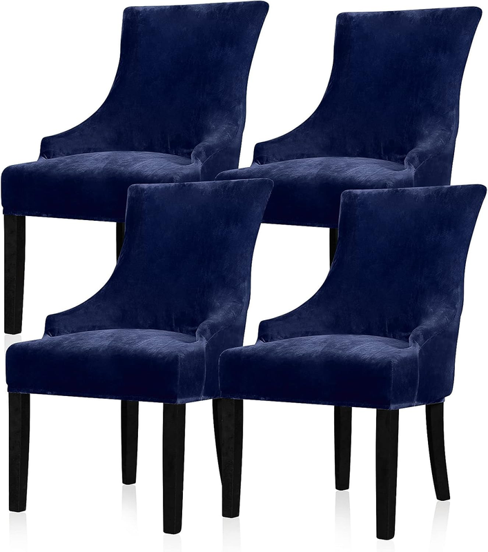 Velvet Stretch Wingback Chair Cover Slipcover - Reusable Protector Cover for Dining Room Banquet Home Decor Etc Machine Washable Hand Washable (Navy, 4PC)