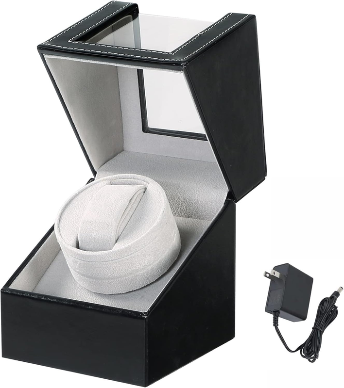 Single Watch Winder Automatic Watch Black Leather Quiet Motor AC Adapter Battery