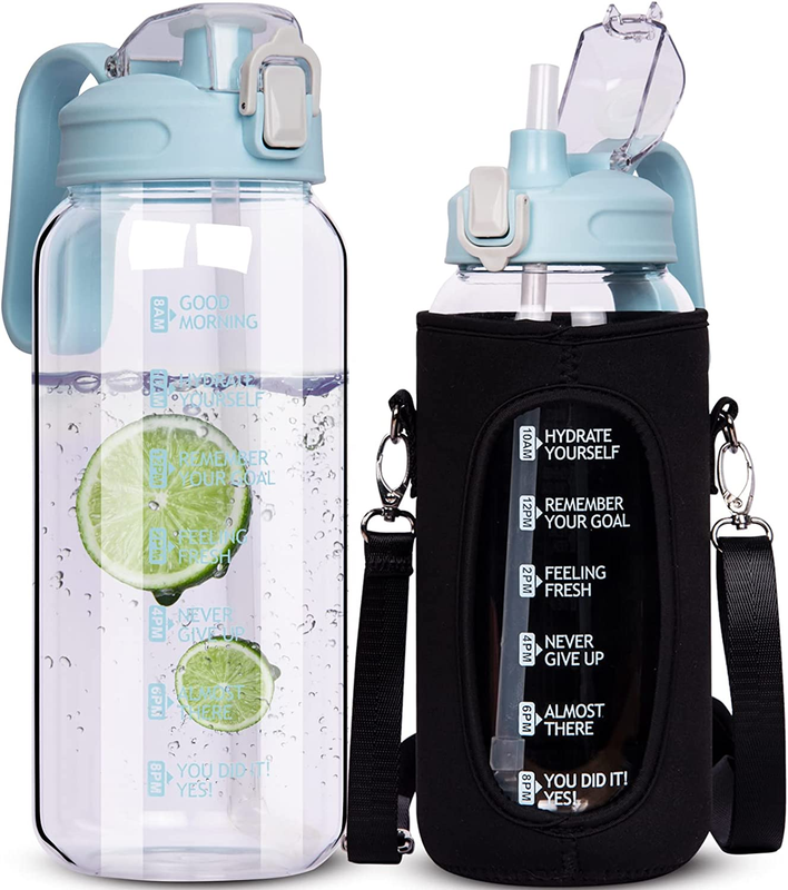 64 Oz Motivational Glass Water Bottle with Straw & Time Mark