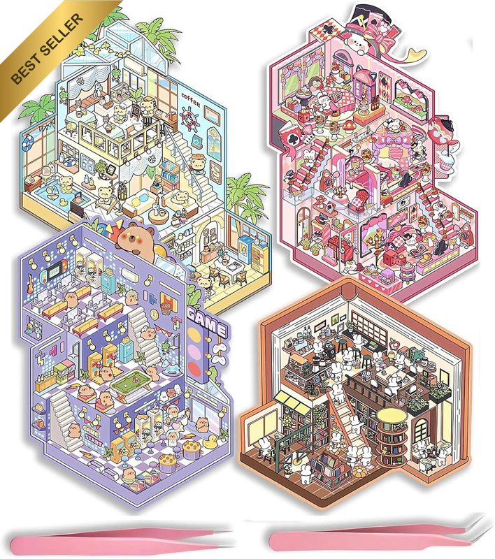 4 Sets Big DIY 3D Sticker Scene - Isometric Miniature Room Stickers Book for Adu