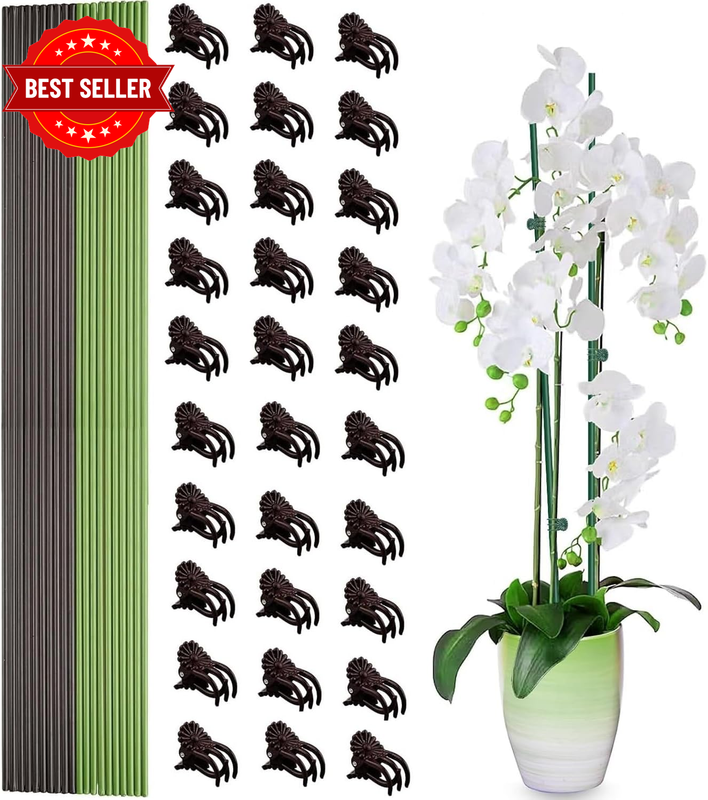 20PCS Plant Support Stakes with 30PCS Clips, 16-Inch Green and Brown Garden Stak