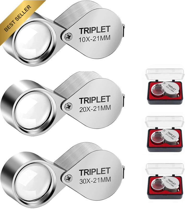 Jewellers Loupe Set, 10X 20X 30X Magnification, Folding Handheld Magnifying Glas