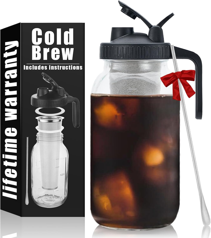 Cold Brew Mason Coffee Maker - 64Oz Iced Coffee Pitcher with Stainless Steel Mix