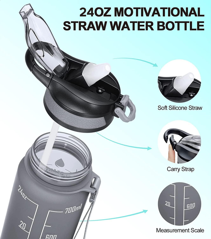 24OZ Water Bottles with Removable Straw & Time Marker, Motivational Water Bottle