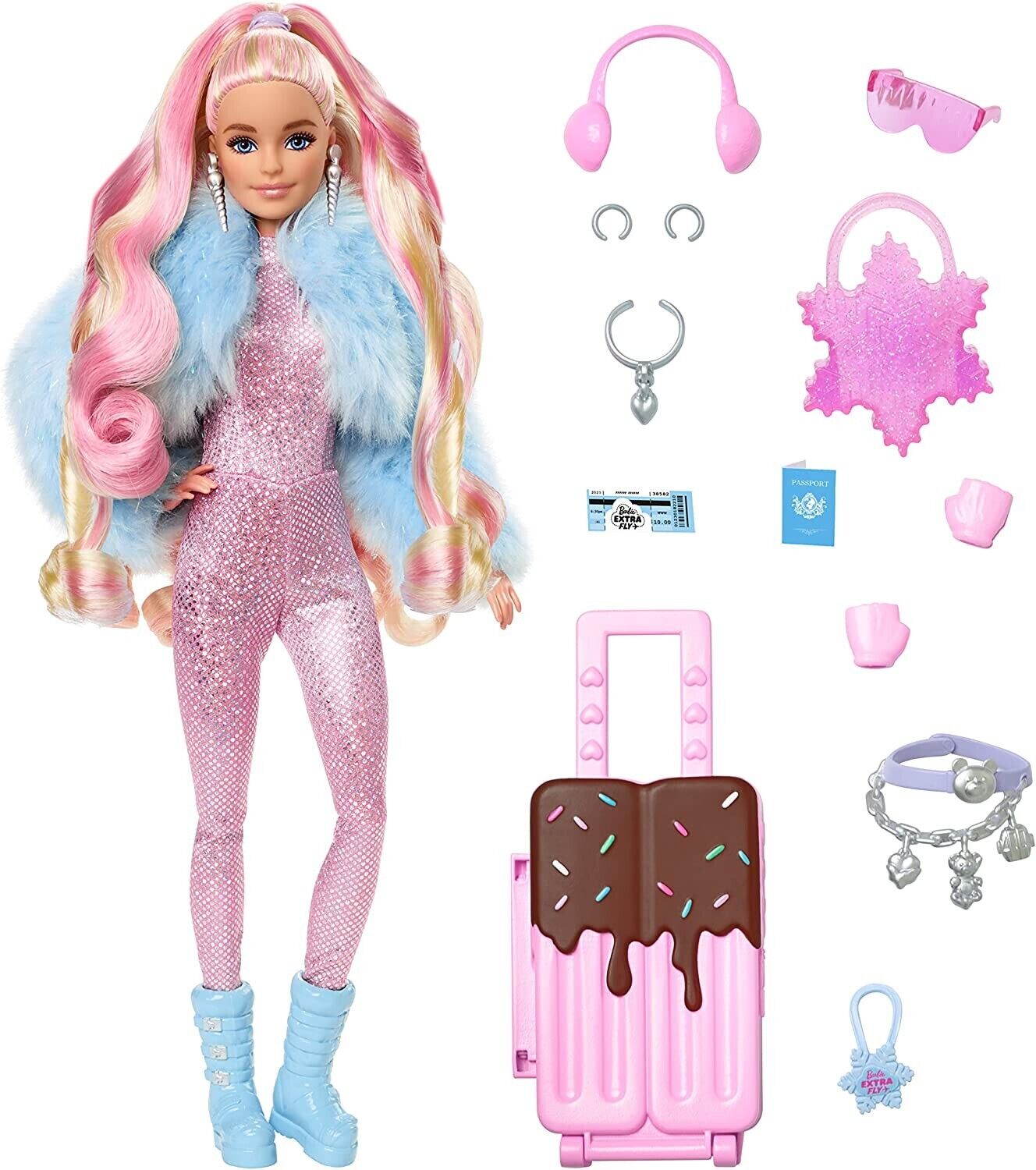Travel Barbie Doll with Wintery Snow Fashion, Barbie Extra Fly, Sparkly Pink