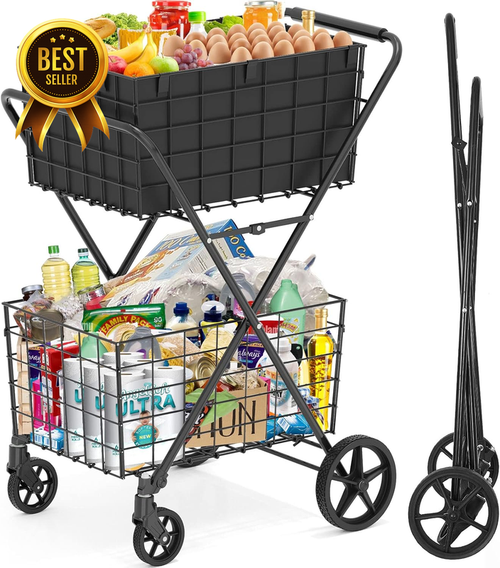 𝐍𝐄𝐖 2-Tier Large Collapsible Grocery Cart on Wheels 400Lbs Shopping Cart