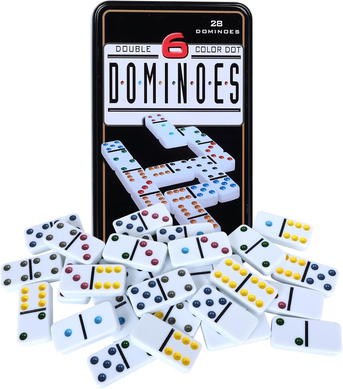 Double Six Dominoes Set - 28 Color Double 6 Tiles for 2-4 Players, Tin Box