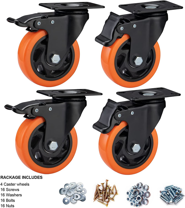 Casters, 4" Caster Wheels，Casters Set of 4 Heavy Duty -  Orange Polyurethane Cas