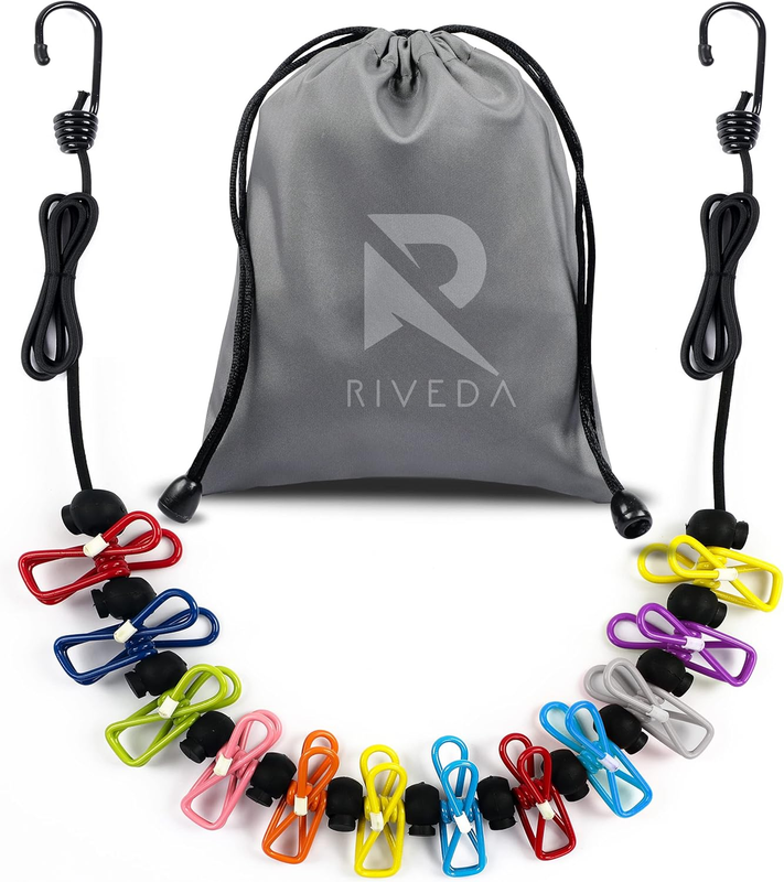 Portable Travel Clothesline with 12 Colorful Clips & Bag, Elastic RV & Camping C