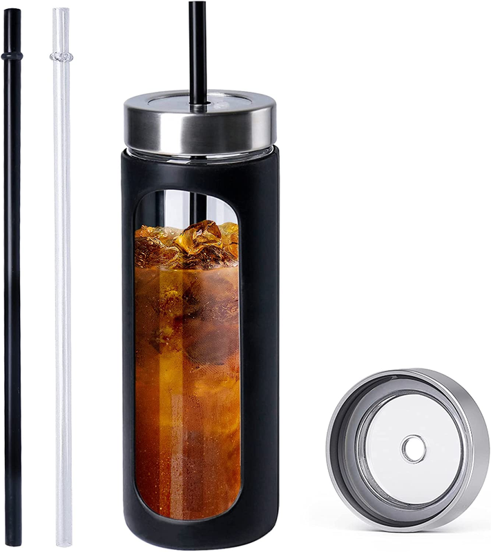 24 Oz Glass Water Tumbler with Straw and Lid, Wide Mouth Wat