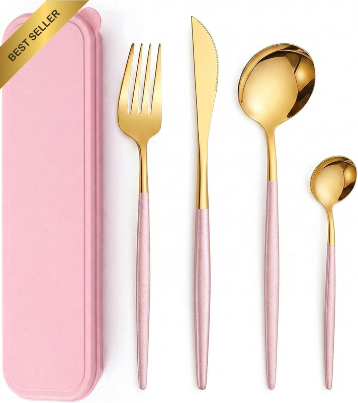Silverware Set with Case， 4Pcs Premium Stainless Steel Cutlery Set for Lunch Cam