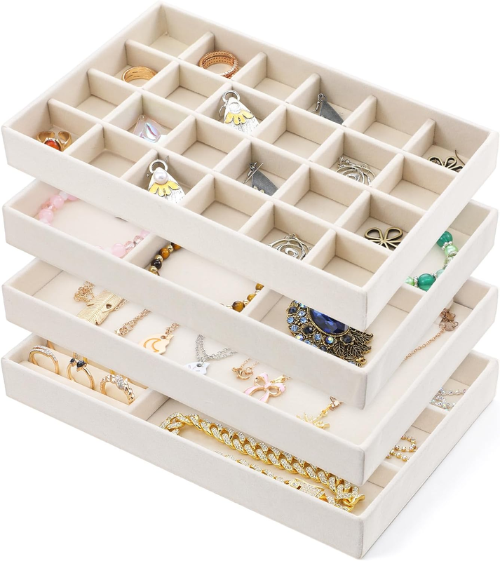 4 Pcs Velvet Jewelry Tray Set Stackable Drawer Organizer Beige...