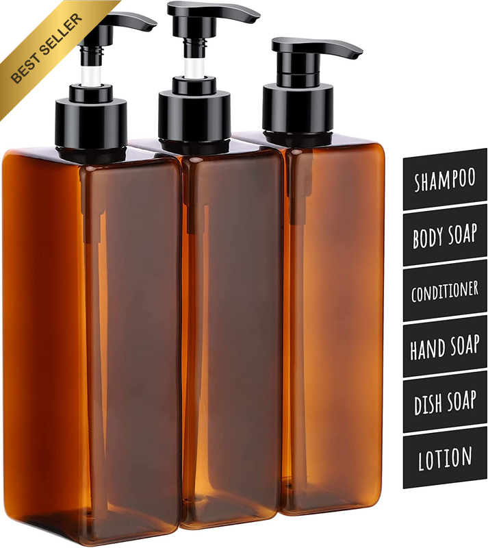 3PC 500ML Refillable Cosmetic Pump Dispenser Square Plastic Amber