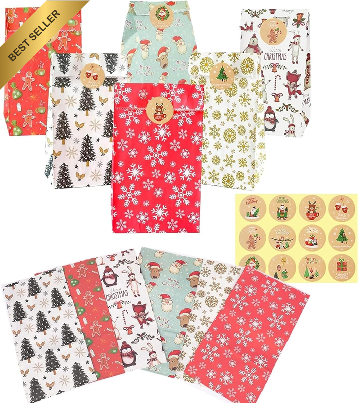 24PK Paper Bags w/ Stickers Merry Christmas Printed Holiday Candy Party Favor