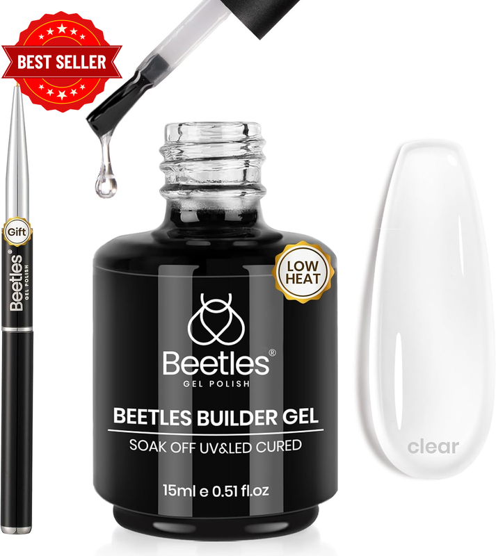 Beetles Clear Builder Gel for Nails 0.5Oz Low Heat with Liner Brush UV LED