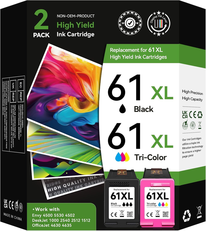 Printer Ink 61XL for HP 61 Ink Cartridge Combo Pack Replacement for HP Ink 61 Fi