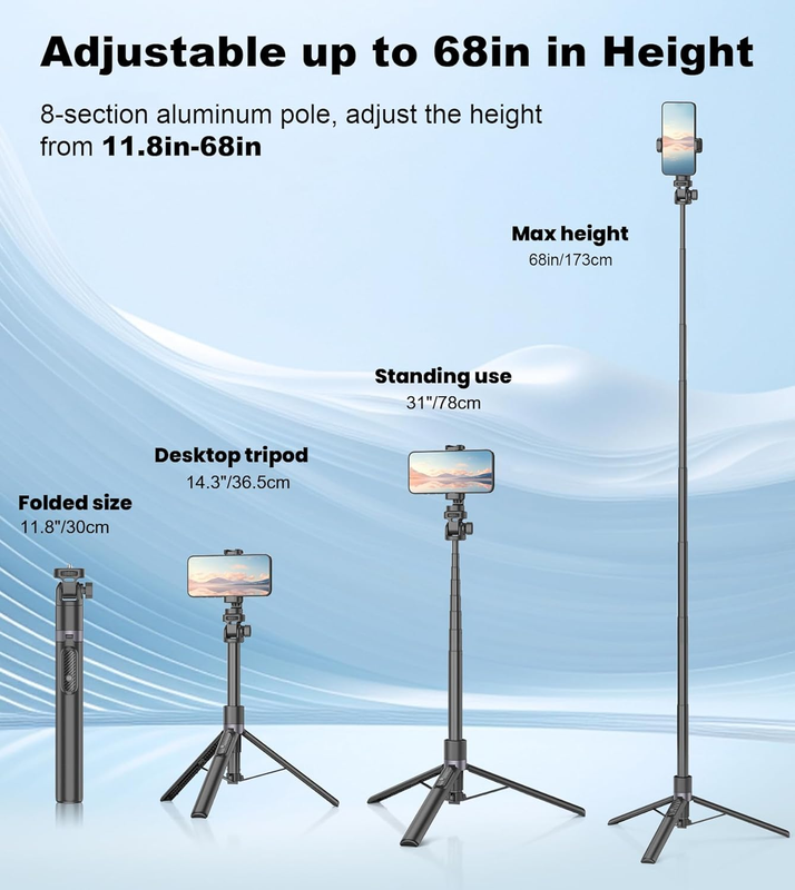68" Selfie Stick, Tripod/Monopod for Action Camera, All-in-1 Phone Tripod with R