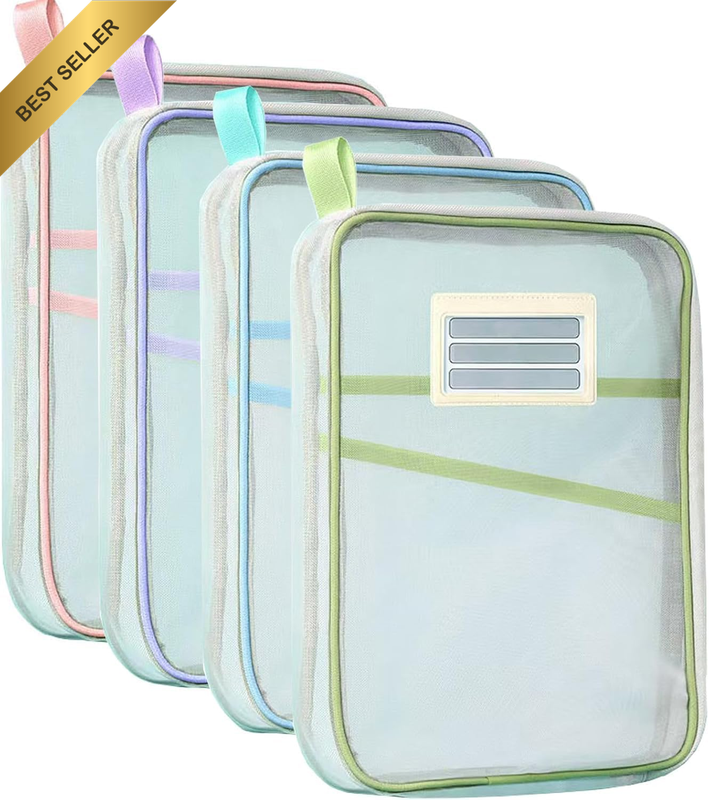 4PCS Mesh Zipper Pouch, L-Shaped Large Capacity Zippered Book & Document Organiz