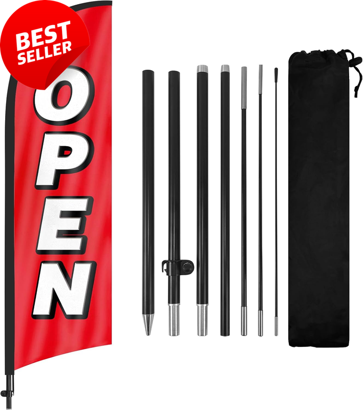 Open Feather Flag 8ft with Pole & Ground Stake Swooper Banner for Businesses