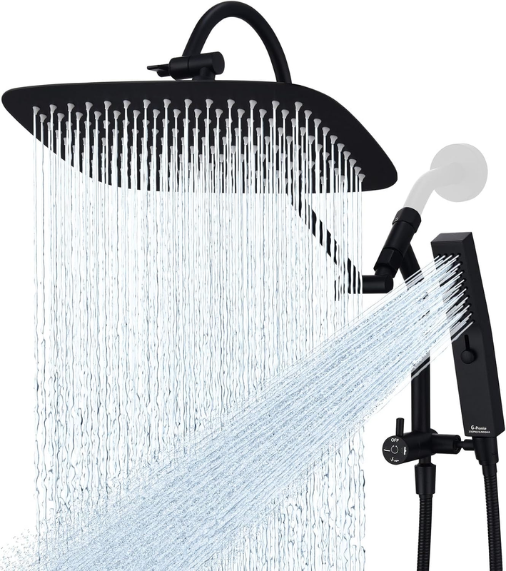 All Metal 12 Inch Shower Head with Massage Mode Handheld, Rain Shower Head with Handheld Spray Combo, 3-Way Diverter with Pause Setting, 13 Inch Adjustable Extension Arm (Matte Black)