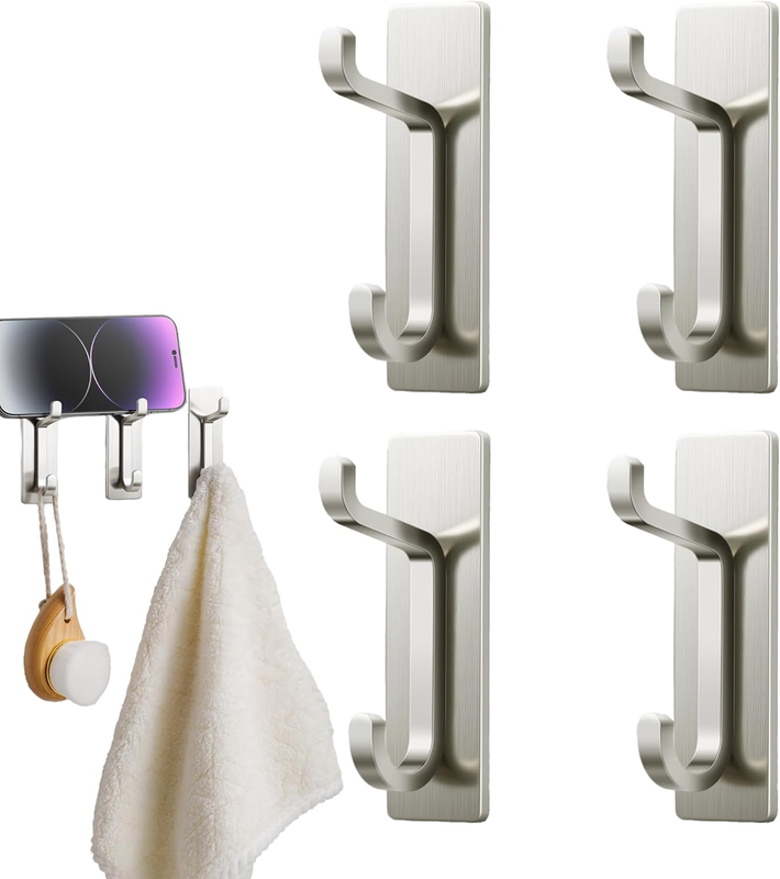 4-Pcs Heavy Duty Self Adhesive Hooks, Brushed Nickel Wall Hooks Holds 6Kg/13Lbs