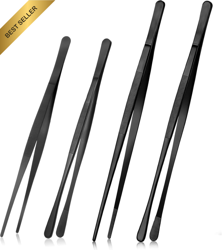 4Pcs Black Stainless Steel Kitchen Tweezers Tongs 25/30CM Precision BBQ Set