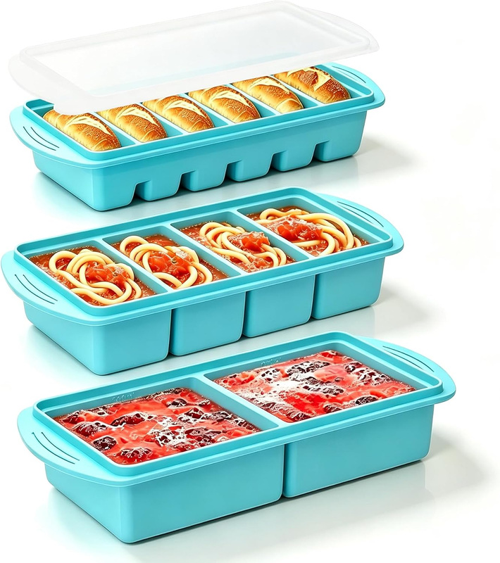 3 Pack Silicone Freezer Tray with Lids–Multi-Size Food Storage Molds for Meal Pr