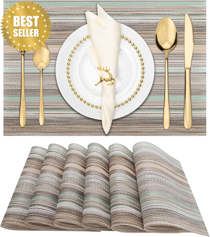 Placemats Set of 6, Heat & Stain Resistant Non-Slip Elegant Woven Vinyl Table Ma
