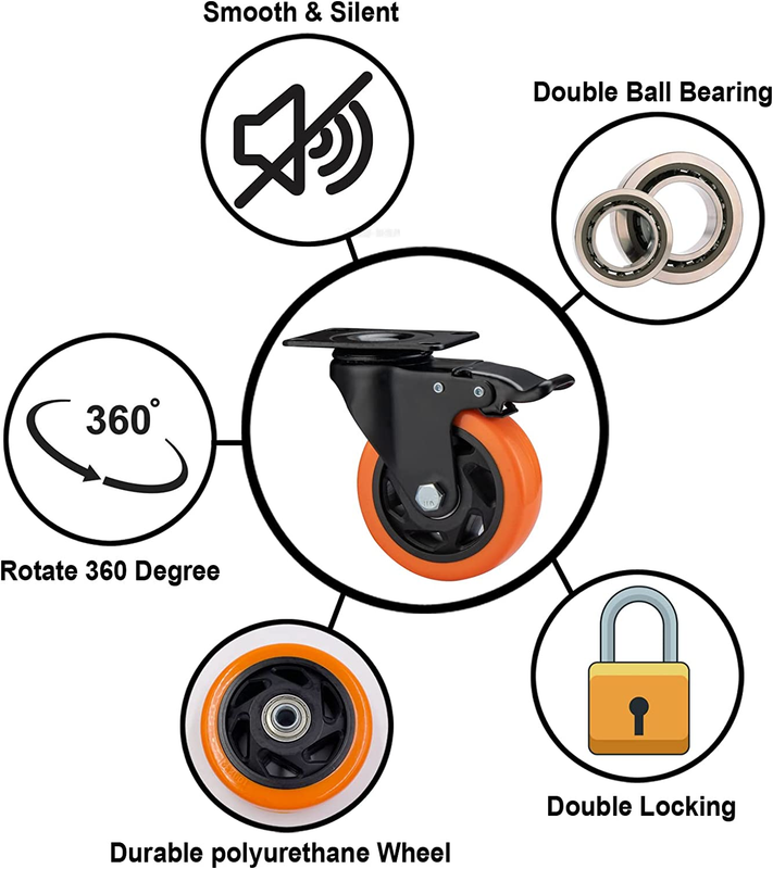 Casters, 4" Caster Wheels，Casters Set of 4 Heavy Duty -  Orange Polyurethane Cas