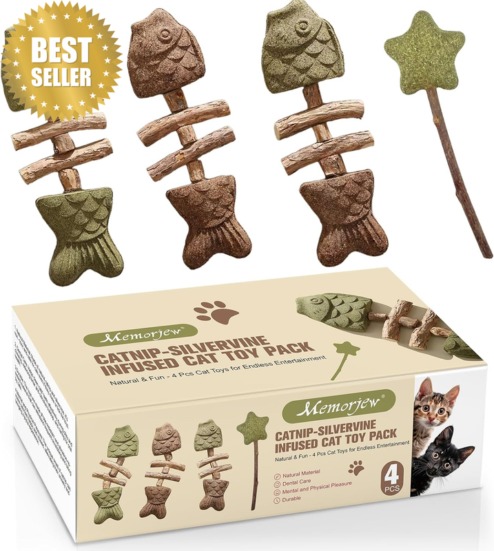 Lovitwear 4‑Pack Silvervine Matatabi Cat Chew Toys, Fish Bone & Star Lollipop Ca