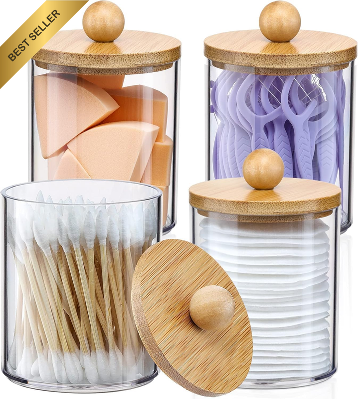 4 Pack Qtip Holder Dispenser with Bamboo Lids - 10 Oz Clear Plastic Apothecary J