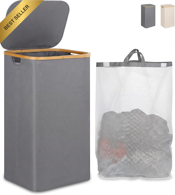 100L Collapsible Slim Laundry Hamper with Lid and Bamboo Rim, Large Tall Clothes